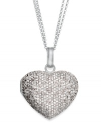 Make a heartfelt statement. This sterling silver-plated locket pendant from Victoria Townsend dazzles with round-cut diamonds (1 ct. t.w.). Approximate length: 18 inches. Approximate drop: 1-1/4 inches. Make a heartfelt statement. This sterling silver-plated locket pendant from Victoria Townsend dazzles with round-cut diamonds (1 ct. t.w.). Approximate length: 18 inches. Approximate drop: 1-1/4 inches.