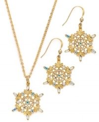 Snow wonder. This drop earring and pendant necklace set from Charter Club is crafted from gold-tone mixed metal. Glass accents light up the night. Approximate drop (earrings): 1-1/2 inches. Approximate length (necklace): 16 inches + 2-inch extender. Approximate drop (necklace): 1-1/2 inches. Snow wonder. This drop earring and pendant necklace set from Charter Club is crafted from gold-tone mixed metal. Glass accents light up the night. Approximate drop (earrings): 1-1/2 inches. Approximate length (necklace): 16 inches + 2-inch extender. Approximate drop (necklace): 1-1/2 inches.