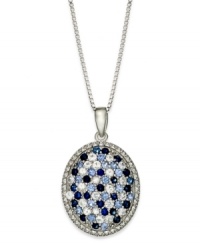 A mosaic of blue. Light and dark round-cut sapphires (1-1/6 ct. t.w.) adorn this pretty oval-shaped pendant. Setting and box chain crafted in sterling silver. Approximate length: 18 inches. Approximate drop: 1 inch. A mosaic of blue. Light and dark round-cut sapphires (1-1/6 ct. t.w.) adorn this pretty oval-shaped pendant. Setting and box chain crafted in sterling silver. Approximate length: 18 inches. Approximate drop: 1 inch.