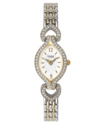 A luxurious look from Caravelle by Bulova. Watch features a two-tone mixed metal bracelet with crystal detailing and elegant openwork. Mixed metal case with crystal-accented bezel. White dial with logo, numerals at 12 and 6 o'clock and stick indices. Quartz movement. Water resistant to 30 meters. Three-year limited warranty. A luxurious look from Caravelle by Bulova. Watch features a two-tone mixed metal bracelet with crystal detailing and elegant openwork. Mixed metal case with crystal-accented bezel. White dial with logo, numerals at 12 and 6 o'clock and stick indices. Quartz movement. Water resistant to 30 meters. Three-year limited warranty.