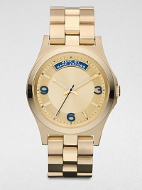 A radiant goldtone ion-plated stainless steel timepiece with bold markers. Quartz movementWater resistant to 5 ATMRound goldtone ion-plated stainless steel case, 40mm (1.6)Smooth bezelGoldtone dialBar and numeric hour markersSecond hand Goldtone ion-plated stainless steel link braceletImported A radiant goldtone ion-plated stainless steel timepiece with bold markers. Quartz movementWater resistant to 5 ATMRound goldtone ion-plated stainless steel case, 40mm (1.6)Smooth bezelGoldtone dialBar and numeric hour markersSecond hand Goldtone ion-plated stainless steel link braceletImported
