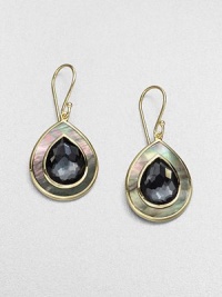 From the Ondine Collection. A rich, faceted hematite doublet surrounded by iridescent black shell set in radiant 18k gold. Hematite doubletBlack shell18k goldDrop, about 1.4Hook backImported From the Ondine Collection. A rich, faceted hematite doublet surrounded by iridescent black shell set in radiant 18k gold. Hematite doubletBlack shell18k goldDrop, about 1.4Hook backImported