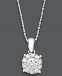 A circular statement. Unity's chic, clustered design features a round drop pendant encrusted with diamonds (1 ct. t.w.). Setting and chain crafted from 14k white gold. Approximate length: 18 inches. Approximate drop: 3/4 inch. A circular statement. Unity's chic, clustered design features a round drop pendant encrusted with diamonds (1 ct. t.w.). Setting and chain crafted from 14k white gold. Approximate length: 18 inches. Approximate drop: 3/4 inch.