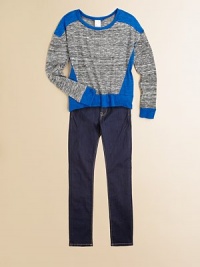 Bold colorblock panels compliment this melange knit style.Banded cuffsColorblock construction95% rayon/5% spandexHand washMade in USA of imported fabric Bold colorblock panels compliment this melange knit style.Banded cuffsColorblock construction95% rayon/5% spandexHand washMade in USA of imported fabric