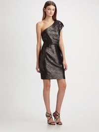 This sleek, shimmery design owes its sculptural look to strategically placed pleats.Asymmetrical neckline Concealed side zip Fully lined About 19 from natural waist 62% acetate/26% viscose/12% polyester Dry clean Made in USA of Italian fabricOUR FIT MODEL RECOMMENDS ordering true size. This sleek, shimmery design owes its sculptural look to strategically placed pleats.Asymmetrical neckline Concealed side zip Fully lined About 19 from natural waist 62% acetate/26% viscose/12% polyester Dry clean Made in USA of Italian fabricOUR FIT MODEL RECOMMENDS ordering true size.