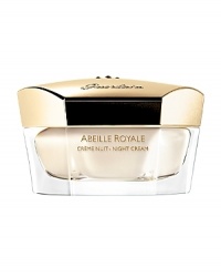 Abeille Royale Night Cream contains the Pure Royal Concentrate ingredient, extracted from the natural healing power of bee products. Exclusive to Guerlain, this ingredient promotes the healing process in aging skin to help repair wrinkles and tissue firmness by 63% in just 16 hours. A higher concentration of Royal Jelly optimizes skin's night regeneration, with double the results when paired with Abeille Royale Serum. Signs of fatigue are reduced and skin is smoothed upon waking. Abeille Royale Night Cream contains the Pure Royal Concentrate ingredient, extracted from the natural healing power of bee products. Exclusive to Guerlain, this ingredient promotes the healing process in aging skin to help repair wrinkles and tissue firmness by 63% in just 16 hours. A higher concentration of Royal Jelly optimizes skin's night regeneration, with double the results when paired with Abeille Royale Serum. Signs of fatigue are reduced and skin is smoothed upon waking.