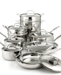 Everything you'll ever need to put together a mouth-watering gourmet meal… and more! With brilliant mirrored stainless steel exteriors, these 17 essential pieces are as attractive as they are practical and durable. The secret is in the base where 18/4 stainless steel and pure aluminum are encapsulated to ensure fast and even heating. Cool Grip™ riveted handles and drip-free rims guarantee a safe cooking experience. Oven safe to 550º. Limited lifetime warranty. Everything you'll ever need to put together a mouth-watering gourmet meal… and more! With brilliant mirrored stainless steel exteriors, these 17 essential pieces are as attractive as they are practical and durable. The secret is in the base where 18/4 stainless steel and pure aluminum are encapsulated to ensure fast and even heating. Cool Grip™ riveted handles and drip-free rims guarantee a safe cooking experience. Oven safe to 550º. Limited lifetime warranty.