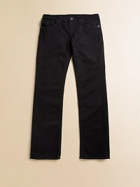 Classic, straight-leg jeans in a dark rinse with tonal stitching, rivets and Buddha label.Front snap closureWaistband with belt loopsZip flyFive-pocket style98% cotton/2% spandexMachine washImported of domestic fabric Classic, straight-leg jeans in a dark rinse with tonal stitching, rivets and Buddha label.Front snap closureWaistband with belt loopsZip flyFive-pocket style98% cotton/2% spandexMachine washImported of domestic fabric