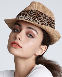 Elevate your summer style with a woven fedora with a pleated animal print chiffon band. Elevate your summer style with a woven fedora with a pleated animal print chiffon band.
