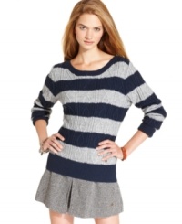 For the girl whose preppy style rules school: this striped, cable-knit sweater from Tommy Girl is an awesome mix of classic designs. For the girl whose preppy style rules school: this striped, cable-knit sweater from Tommy Girl is an awesome mix of classic designs.