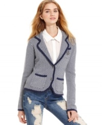 You'll love your look in this chic knit blazer from Tommy Girl! Fun zigzags and colorblocked trim updates an ordinary blazer to the modern day! You'll love your look in this chic knit blazer from Tommy Girl! Fun zigzags and colorblocked trim updates an ordinary blazer to the modern day!