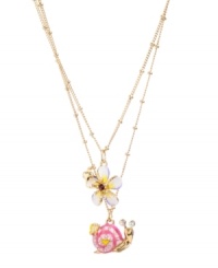 Breezy summer style. Betsey Johnson's petite two-row pendant features an adorable snail and a lively flower. Crafted in gold-plated mixed metal with enamel and crystal accents. Approximate length: 16 inches + 3-inch extender. Approximate drop: 1 inch (flower). Approximate drop: 1 inch (snail). Breezy summer style. Betsey Johnson's petite two-row pendant features an adorable snail and a lively flower. Crafted in gold-plated mixed metal with enamel and crystal accents. Approximate length: 16 inches + 3-inch extender. Approximate drop: 1 inch (flower). Approximate drop: 1 inch (snail).