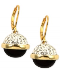 A luxe shine captivates on these Anne Klein drop earrings. A ball silhouette gets a regal makeover with jet tones and glistening stones. Finished with a leverback closure. Crafted in gold tone mixed metal. Approximate drop: 1 inch. A luxe shine captivates on these Anne Klein drop earrings. A ball silhouette gets a regal makeover with jet tones and glistening stones. Finished with a leverback closure. Crafted in gold tone mixed metal. Approximate drop: 1 inch.