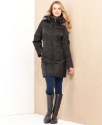 A faux-fur-trimmed hood adds a lavish look to Nautica's warm quilted puffer. A faux-fur-trimmed hood adds a lavish look to Nautica's warm quilted puffer.