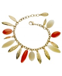 Infuse your look with playful shapes and bold colors. T Tahari's modern take on the traditional charm bracelet features leaf-shaped charms mixed with sand and coral-colored resin beads. Crafted in gold tone mixed metal. Base metal is nickel free for sensitive skin. Approximate length: 7-1/2 inches. Infuse your look with playful shapes and bold colors. T Tahari's modern take on the traditional charm bracelet features leaf-shaped charms mixed with sand and coral-colored resin beads. Crafted in gold tone mixed metal. Base metal is nickel free for sensitive skin. Approximate length: 7-1/2 inches.