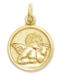 An iconic angel to watch over and protect you. This pretty circular charm is crafted in 14k gold. Chain not included. Approximate length: 8/10 inch. Approximate width: 1/2 inch. An iconic angel to watch over and protect you. This pretty circular charm is crafted in 14k gold. Chain not included. Approximate length: 8/10 inch. Approximate width: 1/2 inch.