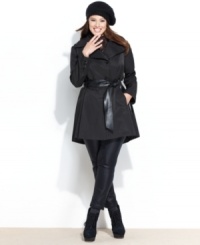 Looking for a sleek way to stay dry? Steve Madden's plus size raincoat features a unique asymmetrical collar and a faux-leather belt for extra edge. Looking for a sleek way to stay dry? Steve Madden's plus size raincoat features a unique asymmetrical collar and a faux-leather belt for extra edge.