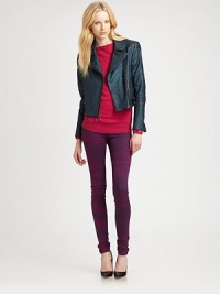 Infuse your outfit with rocker vibes in this pebbled leather jacket with an asymmetrical zipper and luxe silk lining. Notched lapelsAsymmetrical front zipperLong sleeves with zippered cuffsZippered slash pocketsSnap closures at back hemSilk liningAbout 19 from shoulder to hemLeatherDry clean with leather specialistImported of Italian fabricModel shown is 5'11 (178cm) wearing US size Small. Infuse your outfit with rocker vibes in this pebbled leather jacket with an asymmetrical zipper and luxe silk lining. Notched lapelsAsymmetrical front zipperLong sleeves with zippered cuffsZippered slash pocketsSnap closures at back hemSilk liningAbout 19 from shoulder to hemLeatherDry clean with leather specialistImported of Italian fabricModel shown is 5'11 (178cm) wearing US size Small.