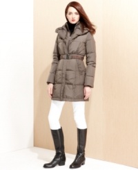 A refined revision of the essential puffer coat, Tahari combines an inset vest yoke and on-trend pillow collar with a belted waist for a feminine, sleek look. A refined revision of the essential puffer coat, Tahari combines an inset vest yoke and on-trend pillow collar with a belted waist for a feminine, sleek look.