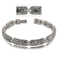 Sterling Silver Bracelet - Leaf Carved Links & White CZ Sterling Silver Bracelet - Leaf Carved Links & White CZ
