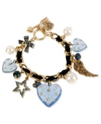 Ready to fall in love? This toggle bracelet from Betsey Johnson is there for you. It's crafted from gold-tone mixed metal with a black grosgrain ribbon, and features charms ranging from wings to glass pearls and lucite hearts with glittery accents. Approximate length: 7-1/2 inches. Ready to fall in love? This toggle bracelet from Betsey Johnson is there for you. It's crafted from gold-tone mixed metal with a black grosgrain ribbon, and features charms ranging from wings to glass pearls and lucite hearts with glittery accents. Approximate length: 7-1/2 inches.