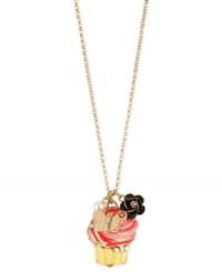 A sweet sensation. This necklace from Betsey Johnson is crafted from antique gold-tone mixed metal, coming down to a cupcake-shaped pendant with gold-tone and glass pearl details that opens to reveal a little surprise visitor. Approximate length: 32 inches + 3-inch extender. Approximate drop: 1-3/8 inches. A sweet sensation. This necklace from Betsey Johnson is crafted from antique gold-tone mixed metal, coming down to a cupcake-shaped pendant with gold-tone and glass pearl details that opens to reveal a little surprise visitor. Approximate length: 32 inches + 3-inch extender. Approximate drop: 1-3/8 inches.