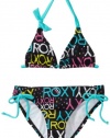 Roxy Kids Girls 7-16 Roxy Marks The Spot Print Halter Tiki Tri 2 Piece Swimsuit Set, New Black, 10