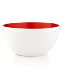 Pop goes the color. A bright red interior pokes its head out of this clean & crisp enamel bowl, adding the perfect punch of lively color to your countertop. Heading straight from prep to presentation, this durable bowl lets you stir, mix and make, all in one place. Pop goes the color. A bright red interior pokes its head out of this clean & crisp enamel bowl, adding the perfect punch of lively color to your countertop. Heading straight from prep to presentation, this durable bowl lets you stir, mix and make, all in one place.