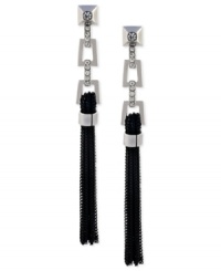 A brush with elegance. Vince Camuto's double-drop earrings feature a black chain tassel, topped off by silver-tone mixed metal adorned with black glass stone accents. Approximate drop: 4 inches. A brush with elegance. Vince Camuto's double-drop earrings feature a black chain tassel, topped off by silver-tone mixed metal adorned with black glass stone accents. Approximate drop: 4 inches.