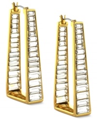 Baguette crystal stones lend a beautiful touch to this pair of angular hoop earrings from Vince Camuto. Crafted from gold-tone mixed metal with a click-top closure. Approximate drop: 1-3/4 inches. Baguette crystal stones lend a beautiful touch to this pair of angular hoop earrings from Vince Camuto. Crafted from gold-tone mixed metal with a click-top closure. Approximate drop: 1-3/4 inches.