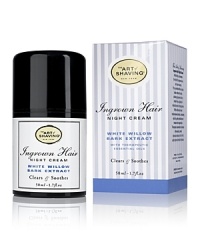 93% Reduction of Ingrown Hairs within 6 Weeks. The Art of Shaving Ingrown Hair Night Cream effectively accelerates the relief of ingrown hairs and razor bumps. Pure, unrefined African shea butter softens the skin, allowing ingrown hairs to break free, as jojoba oil moisturizes and unclogs pores. White willow bark and meadowsweet extract, containing salicilin, gently exfoliate and release the trapped hair. Therapeutic essential oils reduce inflammation, while botanical extracts rich in fruit acids improve the skin's texture.White Willow Bark Extract for all skin types 93% Reduction of Ingrown Hairs within 6 Weeks. The Art of Shaving Ingrown Hair Night Cream effectively accelerates the relief of ingrown hairs and razor bumps. Pure, unrefined African shea butter softens the skin, allowing ingrown hairs to break free, as jojoba oil moisturizes and unclogs pores. White willow bark and meadowsweet extract, containing salicilin, gently exfoliate and release the trapped hair. Therapeutic essential oils reduce inflammation, while botanical extracts rich in fruit acids improve the skin's texture.White Willow Bark Extract for all skin types