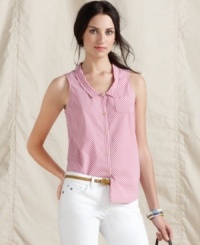 Stripes perk up this easy button-down top from Tommy Hilfiger. Quirky details like a mini patch pocket and slim point collar make it an instant classic! Stripes perk up this easy button-down top from Tommy Hilfiger. Quirky details like a mini patch pocket and slim point collar make it an instant classic!