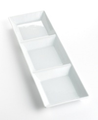Timeless, elegant and durable, this 3-sectioned rectangular platter features a silky smooth white body and shiny clear glaze. Perfect for serving a savory trio of sides, dips or desserts. Timeless, elegant and durable, this 3-sectioned rectangular platter features a silky smooth white body and shiny clear glaze. Perfect for serving a savory trio of sides, dips or desserts.