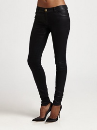 Glossy finish gives these leggings-style skinnies a leather-like look. THE FITRise, about 8Inseam, about 33THE DETAILSButton closureZip flyFive-pocket style98% cotton/2% polyurethaneMachine washMade in USA of imported fabricModel shown is 5'11 (178cm) wearing US size 4. Glossy finish gives these leggings-style skinnies a leather-like look. THE FITRise, about 8Inseam, about 33THE DETAILSButton closureZip flyFive-pocket style98% cotton/2% polyurethaneMachine washMade in USA of imported fabricModel shown is 5'11 (178cm) wearing US size 4.