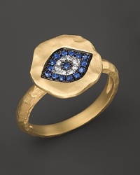 Diamonds and sapphires form an ancient evil eye symbol in 14K yellow gold. By Meira T. Diamonds and sapphires form an ancient evil eye symbol in 14K yellow gold. By Meira T.