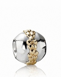 A 14K gold ring of flowers stands out against a shiny silver orb. Charm by PANDORA. A 14K gold ring of flowers stands out against a shiny silver orb. Charm by PANDORA.