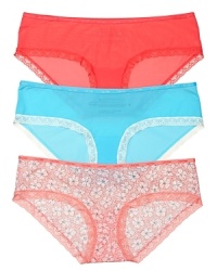 A solid or printed thong with intricate lace trim and logo stamped waistband. A solid or printed thong with intricate lace trim and logo stamped waistband.