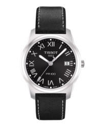 Classic and elegant styling by Tissot makes for effortless pairing with suits and sweaters. PR 100 watch crafted from black leather strap and round stainless steel case. Sleek black dial features Roman numerals, date window at three o'clock, luminous hands and logo. Swiss movement. Water resistant to 100 meters. Two-year limited warranty. Classic and elegant styling by Tissot makes for effortless pairing with suits and sweaters. PR 100 watch crafted from black leather strap and round stainless steel case. Sleek black dial features Roman numerals, date window at three o'clock, luminous hands and logo. Swiss movement. Water resistant to 100 meters. Two-year limited warranty.