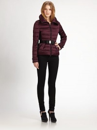 Equal parts sporty and feminine, this quilted colorblock puffer is cinched at the waist with a playful bow belt.Stand collarEpaulettesZip frontBow buckle beltZipper pocketsButton tab cuffsButton-down rain flapFully linedAbout 22 from shoulder to hemPolyesterDry cleanImportedModel shown is 5'10 (177cm) wearing US size Small. 