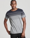 In ultra luxe pima cotton, a striped tee from Theory adds an urbane accent to casual basics.