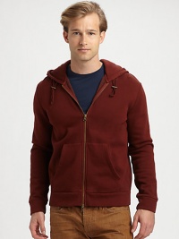 A casual-wear staple is deep dyed to a cool brick hue for instant everyday style.Two-way zip frontAttached drawstring hoodFront kangaroo pocketsCottonMachine washImportedOUR FIT MODEL RECOMMENDS ordering true size. A casual-wear staple is deep dyed to a cool brick hue for instant everyday style.Two-way zip frontAttached drawstring hoodFront kangaroo pocketsCottonMachine washImportedOUR FIT MODEL RECOMMENDS ordering true size.