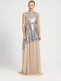 A dazzling sequined overlay decorates this gauzy silk chiffon design.Jewel necklineSleevelessSequined overlayV backSilk liningConcealed side zipAbout 49 from natural waistSilkDry cleanMade in Italy of imported fabricModel shown is 5'8 (172cm) wearing US size 4. A dazzling sequined overlay decorates this gauzy silk chiffon design.Jewel necklineSleevelessSequined overlayV backSilk liningConcealed side zipAbout 49 from natural waistSilkDry cleanMade in Italy of imported fabricModel shown is 5'8 (172cm) wearing US size 4.
