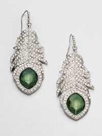 From the Emerald City Collection. Fabulous feather-shaped drops are long on drama and shimmer, with rows of channel-set clear stones and a faceted deep green eye at the tip.Glass and plasticSilvertoneLength, about 3Width, about 1Ear wireImported