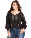 Be a boho beauty in Lucky Brand Jeans' long sleeve plus size peasant top, finished by embroidery.
