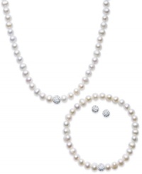A must have jewelry set for every sophisticated dresser. This matching necklace, bracelet and stud earrings set features cultured freshwater pearls (5-5-1/2 mm) and sparkling round-cut crystals (6-7 mm) in sterling silver. Approximate length (necklace): 18 inches. Approximate length (bracelet): 7-1/4 inches. Approximate diameter (earring): 6 mm. A must have jewelry set for every sophisticated dresser. This matching necklace, bracelet and stud earrings set features cultured freshwater pearls (5-5-1/2 mm) and sparkling round-cut crystals (6-7 mm) in sterling silver. Approximate length (necklace): 18 inches. Approximate length (bracelet): 7-1/4 inches. Approximate diameter (earring): 6 mm.