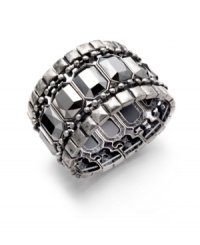 Take your look to the next level in this chic, beaded design. Bar III's effortless slip-on style adds instant dimension with faceted, square, and circular beadwork. Crafted in silver tone mixed metal. Approximate diameter: 3-1/2 inches. Take your look to the next level in this chic, beaded design. Bar III's effortless slip-on style adds instant dimension with faceted, square, and circular beadwork. Crafted in silver tone mixed metal. Approximate diameter: 3-1/2 inches.