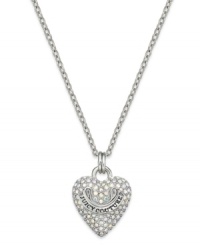 Love that glitters. Juicy Couture's pendant necklace features a darling heart charm embellished with pave crystals. Finished with a logo banner. Crafted in silver tone mixed metal. Approximate length: 30 inches + 3-inch extender. Approximate drop: 1 inch. Love that glitters. Juicy Couture's pendant necklace features a darling heart charm embellished with pave crystals. Finished with a logo banner. Crafted in silver tone mixed metal. Approximate length: 30 inches + 3-inch extender. Approximate drop: 1 inch.