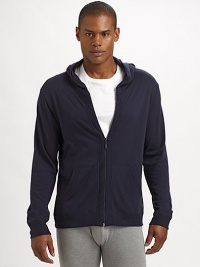 The height of weekend comfort and style, lightly textured with the softness of a brushed cotton knit. Zip front Split kangaroo pockets About 27 form shoulder to hem Brushed cotton Machine wash Imported The height of weekend comfort and style, lightly textured with the softness of a brushed cotton knit. Zip front Split kangaroo pockets About 27 form shoulder to hem Brushed cotton Machine wash Imported