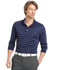 This striped Izod polo shirt is ready to put in a top performance with moisture wicking and UPF protection. This striped Izod polo shirt is ready to put in a top performance with moisture wicking and UPF protection.