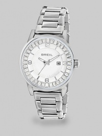 From the Orchestra Collection. Beautiful, baguette Swarovski crystals accent this classic, stainless steel timepiece. Quartz movementWater resistant to 10 ATMRound stainless steel case, 40.5mm (1.6) Swarovski crystal accented bezelWhite dialBar and numeric hour markersDate display at 3 o'clockSecond hand Stainless steel link braceletImported From the Orchestra Collection. Beautiful, baguette Swarovski crystals accent this classic, stainless steel timepiece. Quartz movementWater resistant to 10 ATMRound stainless steel case, 40.5mm (1.6) Swarovski crystal accented bezelWhite dialBar and numeric hour markersDate display at 3 o'clockSecond hand Stainless steel link braceletImported